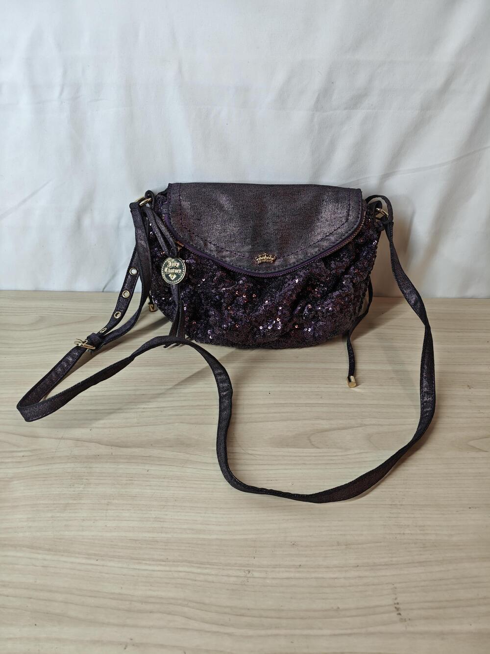 Juicy Couture Crossbody Bag Womens Purple Sequin Metallic Flap Adjustable Strap